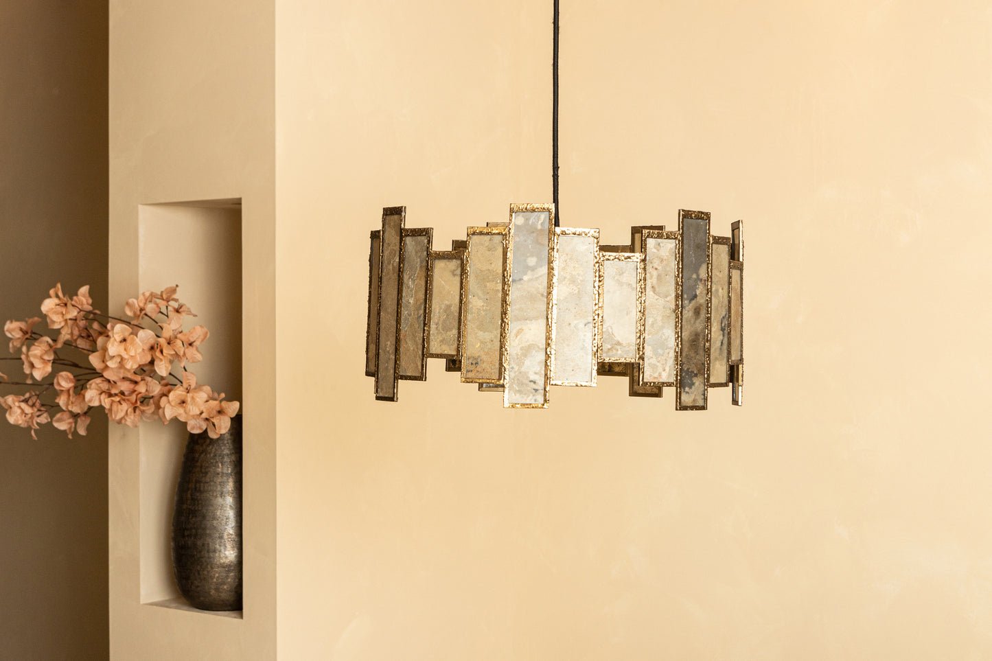 Levan Brass Stone Veneer Hanging Lamp Round