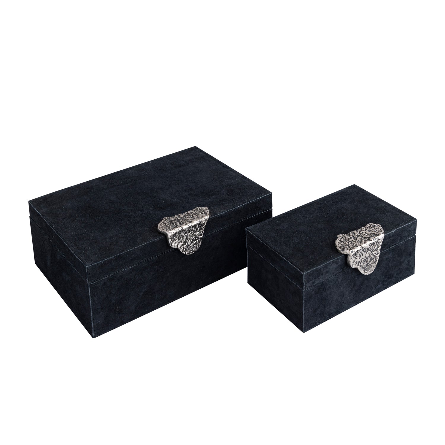 Hazael Zwarte Suède Opbergbox Met Zilveren Handvat Set Van 2 13x36x25 cm