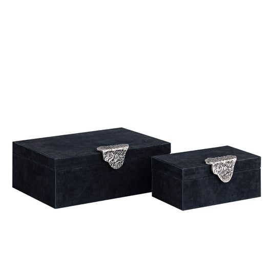Hazael Zwarte Suède Opbergbox Met Zilveren Handvat Set Van 2 13x36x25 cm