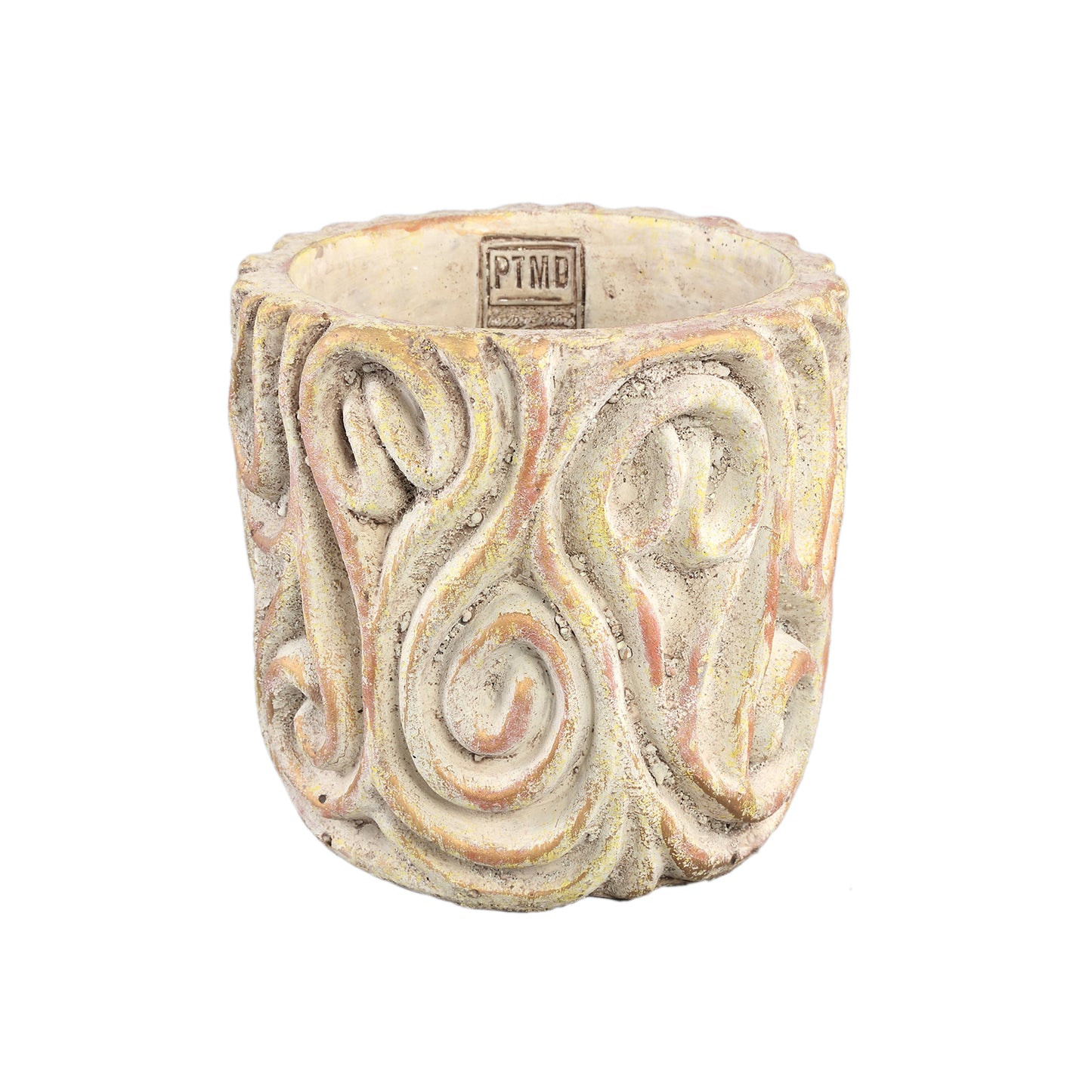 Meesha Cream Cement Pot Antique Carved L