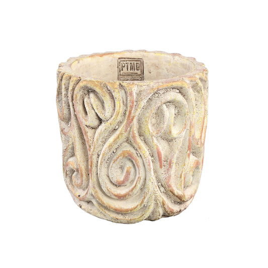 Meesha Cream Cement Pot Antique Carved L