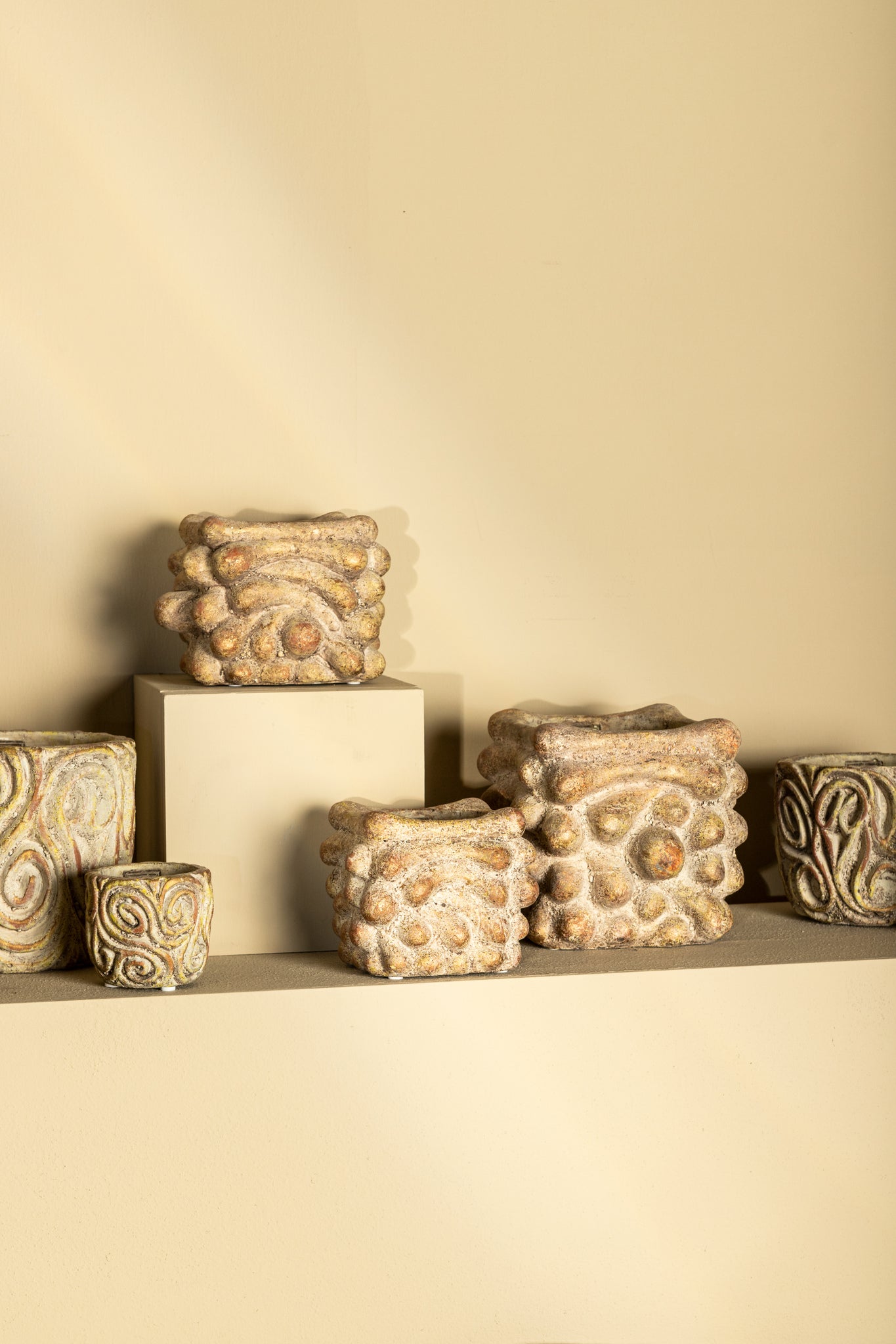 Meesha Cream Cement Pot Antique Carved L