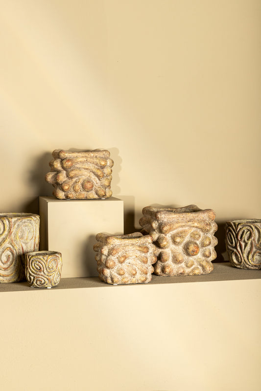 Meesha Cream Cement Pot Antique Carved L