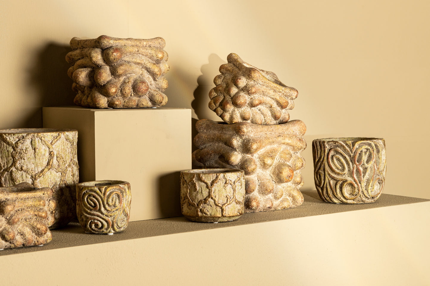 Meesha Cream Cement Pot Antique Carved L