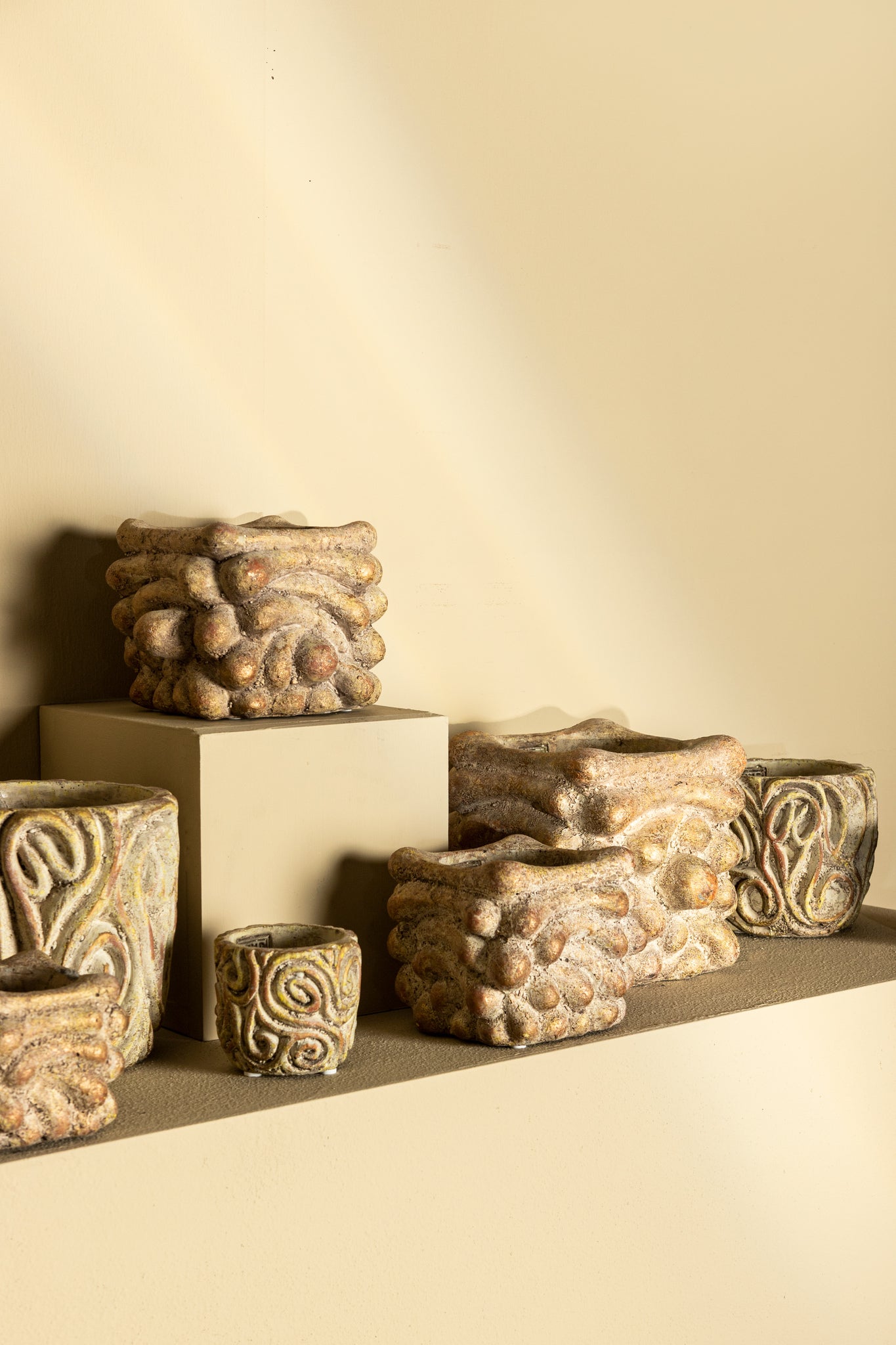 Meesha Cream Cement Pot Antique Carved L