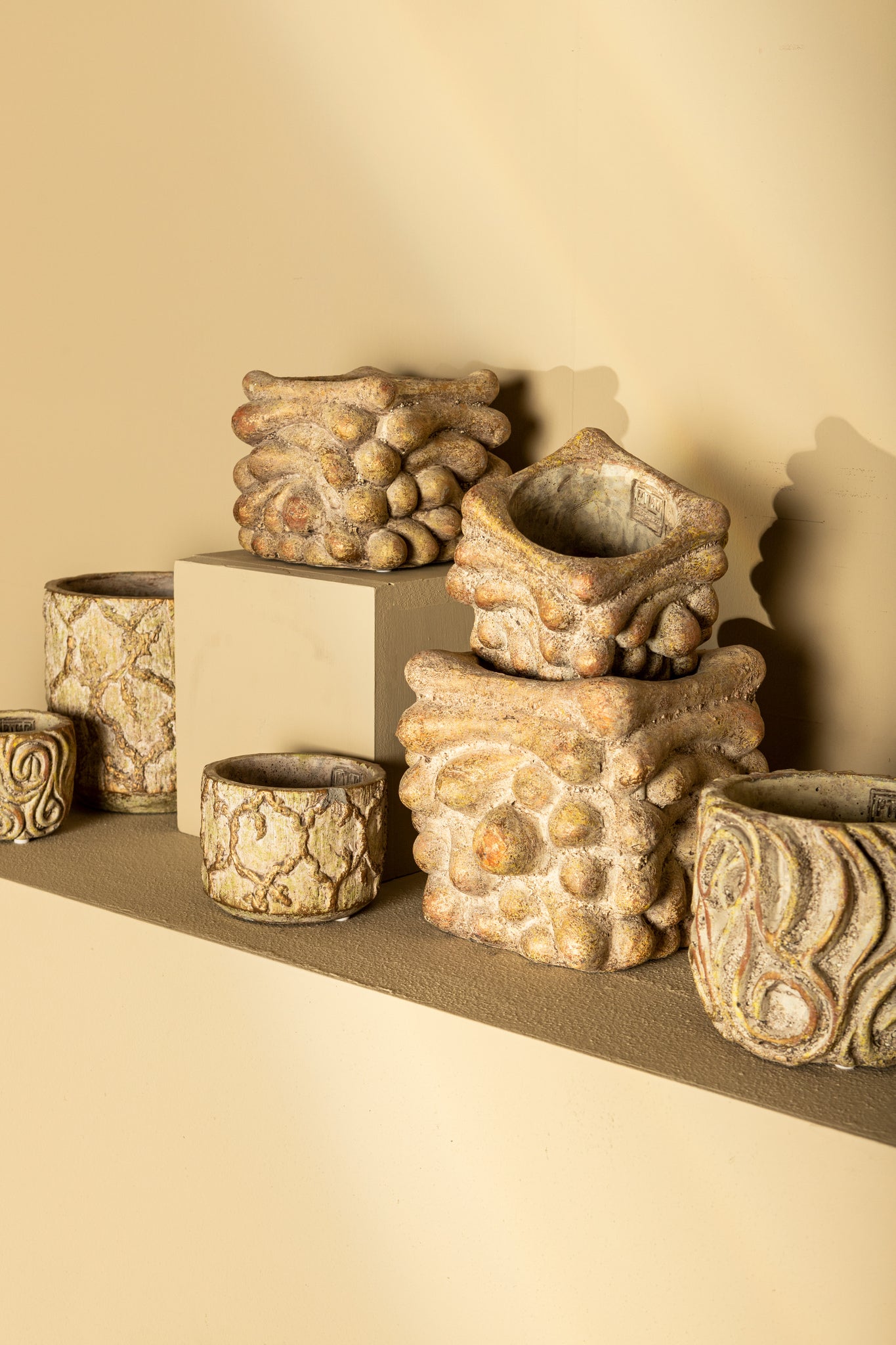 Meesha Cream Cement Pot Antique Carved L