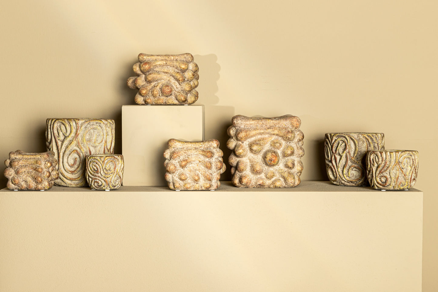 Meesha Cream Cement Pot Antique Carved L