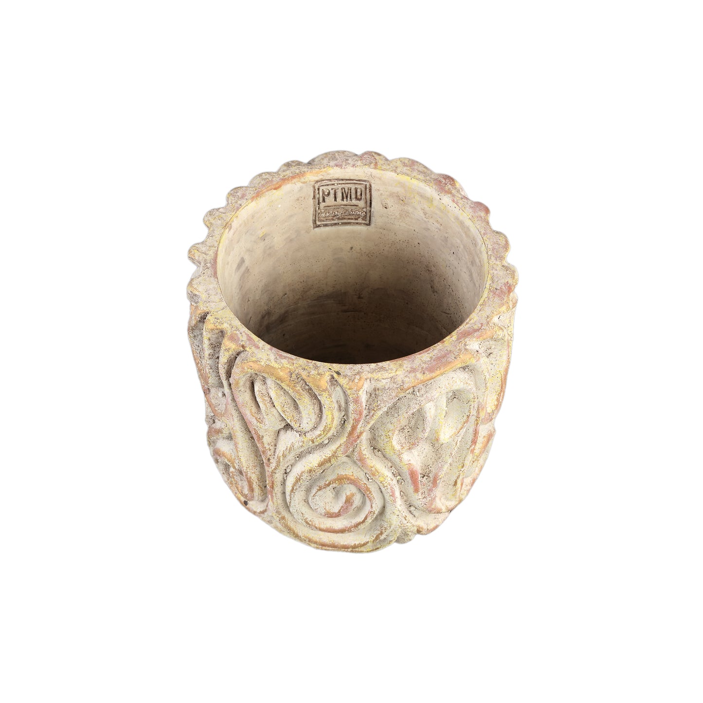 Meesha Cream Cement Pot Antique Carved L