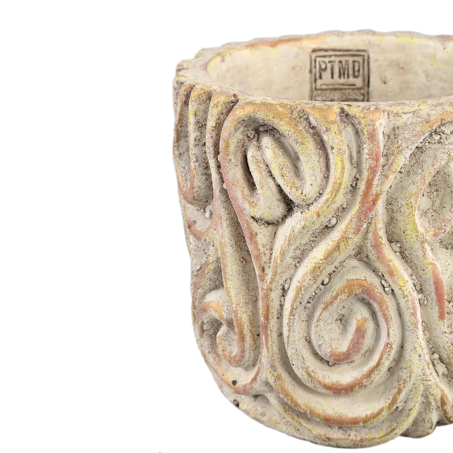 Meesha Cream Cement Pot Antique Carved L