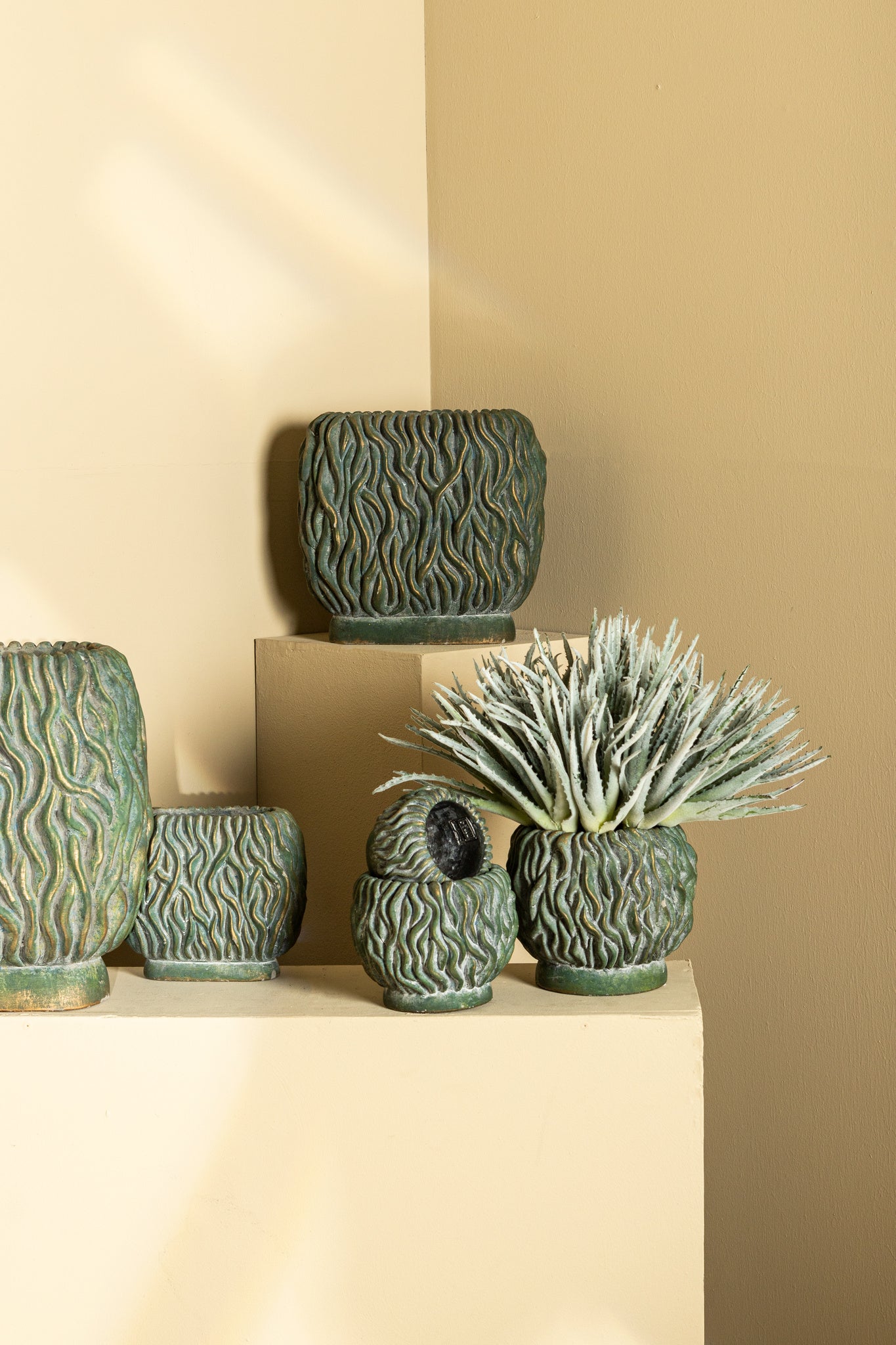 Brendan Green Cement Round Pot Carved Gold FinishS