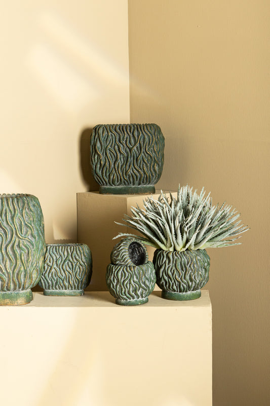Brendan Green Cement Round Pot Carved Gold FinishS