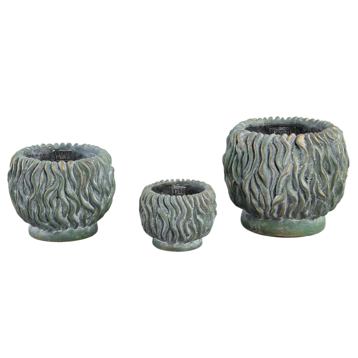 Brendan Green Cement Round Pot Carved Gold FinishL