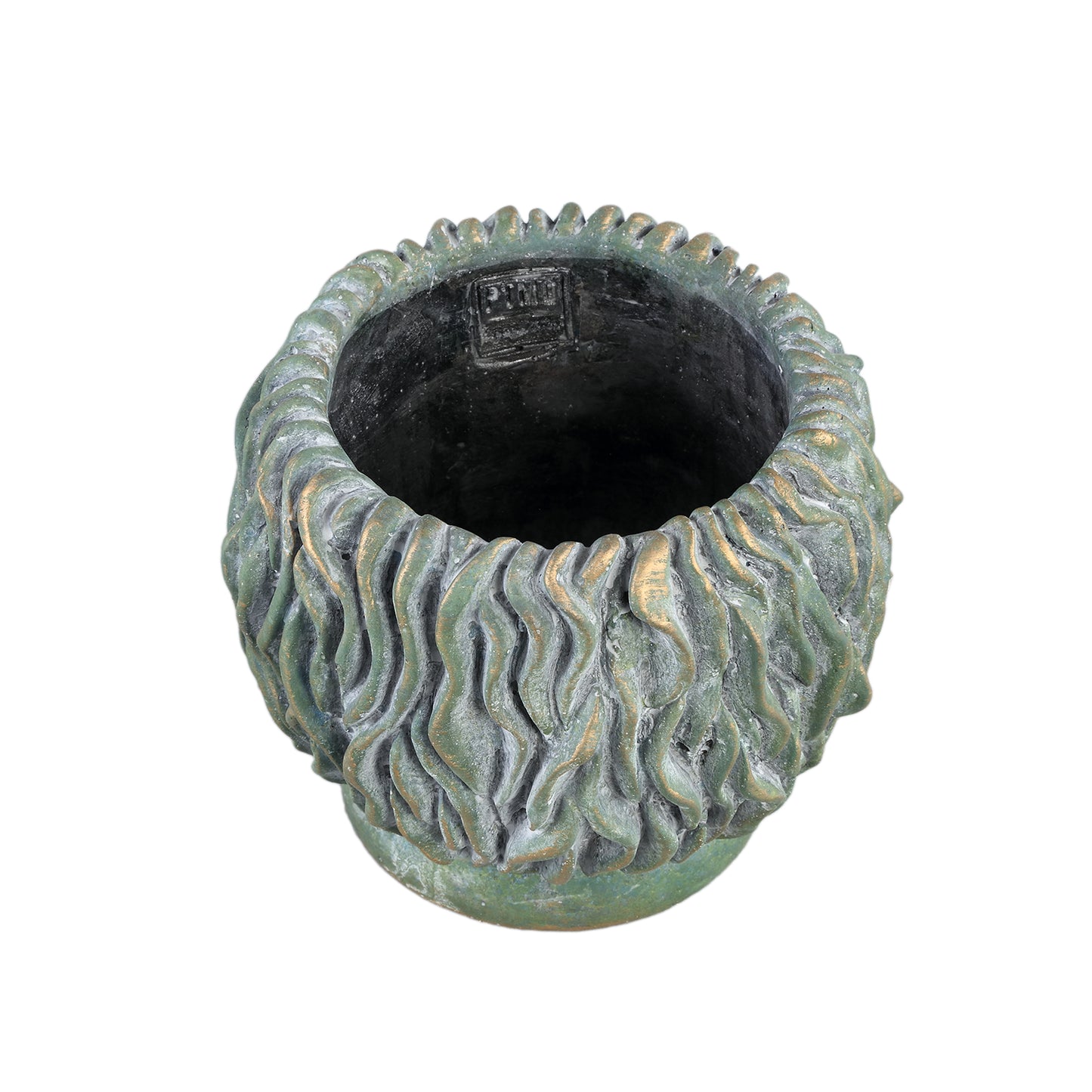 Brendan Green Cement Round Pot Carved Gold FinishL
