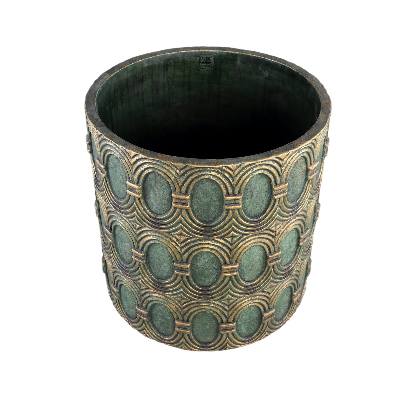 Kamilla Green Cement Round Pot Gold Art Deco Big L