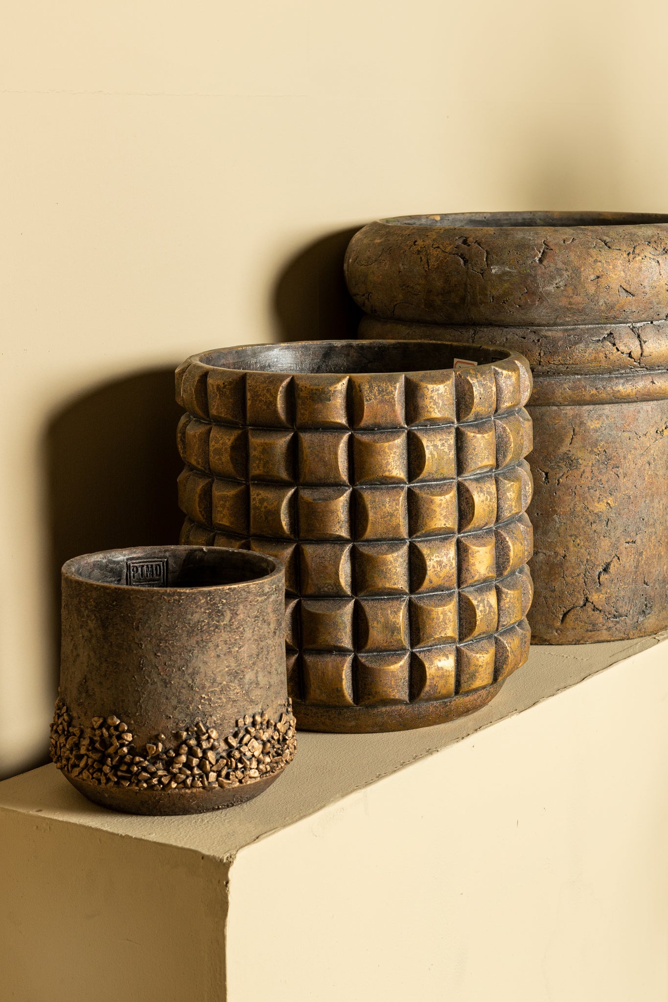 Helena Brown Cement Pot Round Rustic Gold Finish S