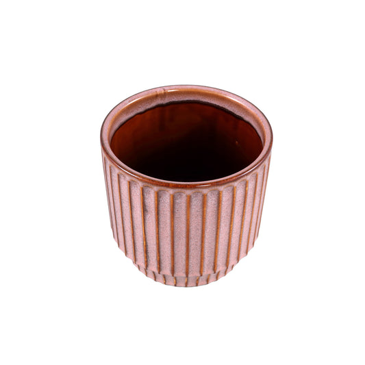 Hodor Roze Glazuurde Keramische Ronde Pot Lines L – Set van 4 - 4 Sets 16x17x17 cm