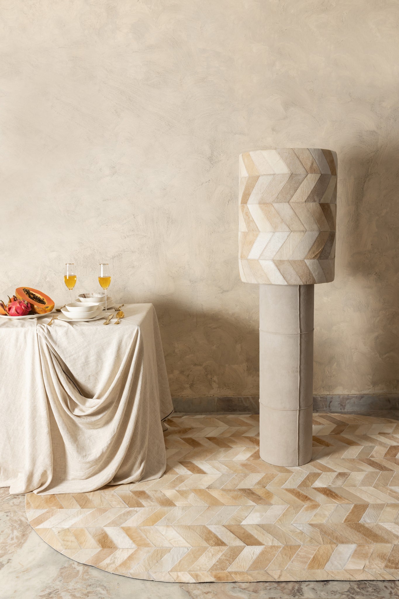 Joanne Beige Suede Floor Lamp Patch Cowhair Shade