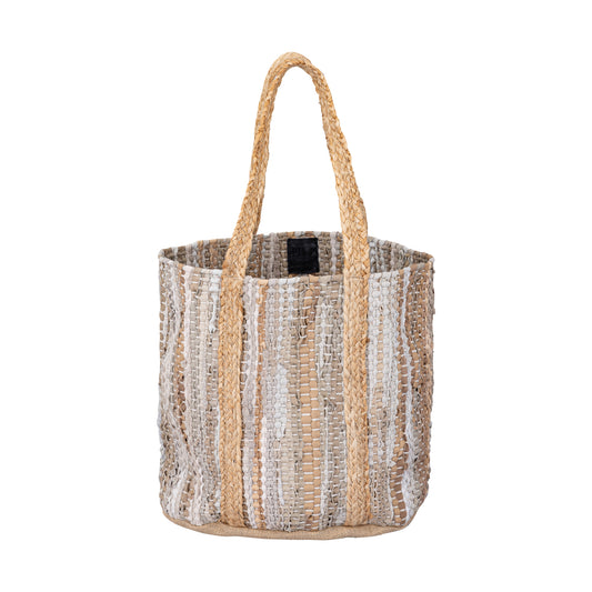 Cherree Beige Jute Leather Round Basket Handles