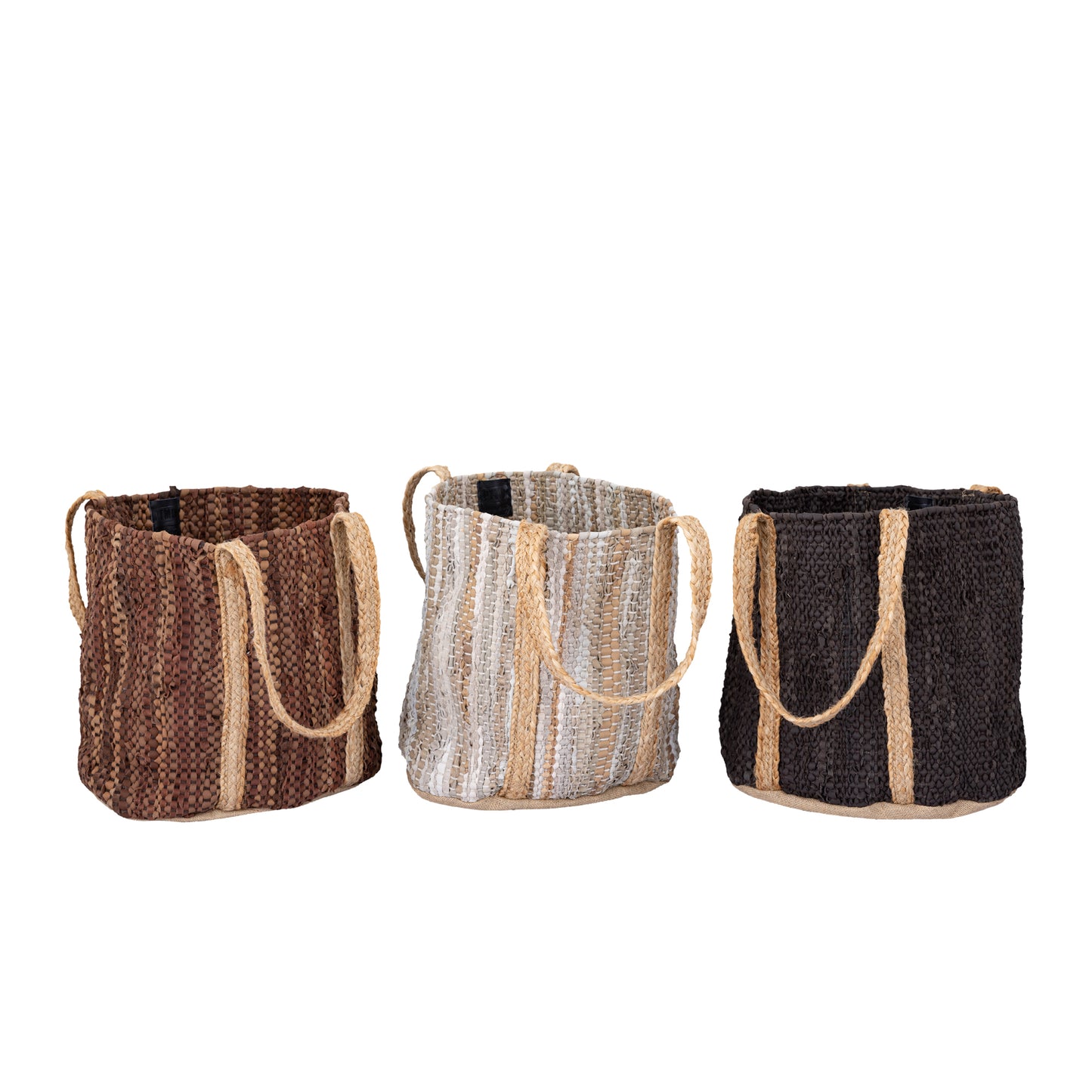 Cherree Beige Jute Leather Round Basket Handles