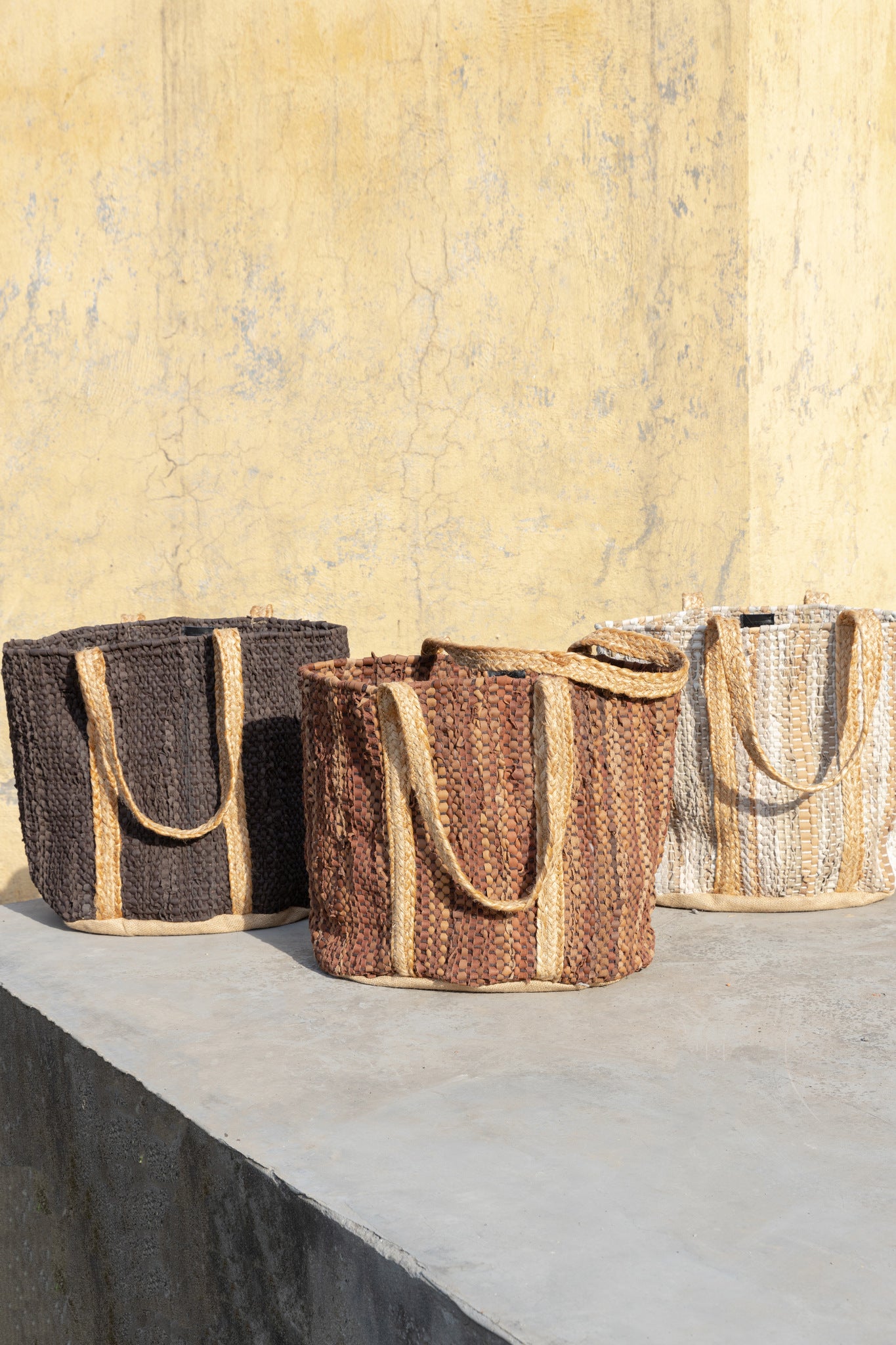 Cherree Beige Jute Leather Round Basket Handles