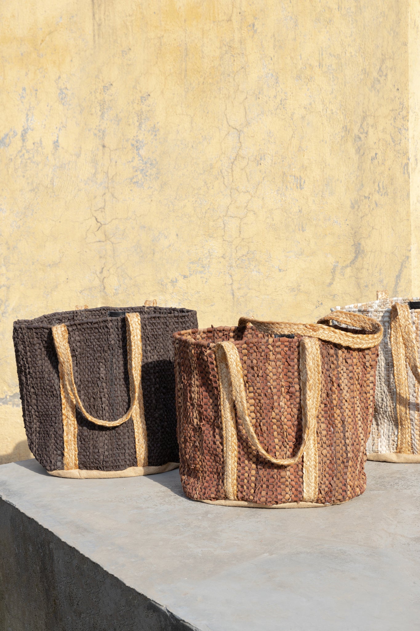 Cherree Beige Jute Leather Round Basket Handles