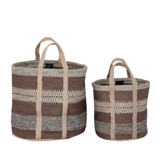 Toccara Brown Jute Round Basket Lines Pattern S