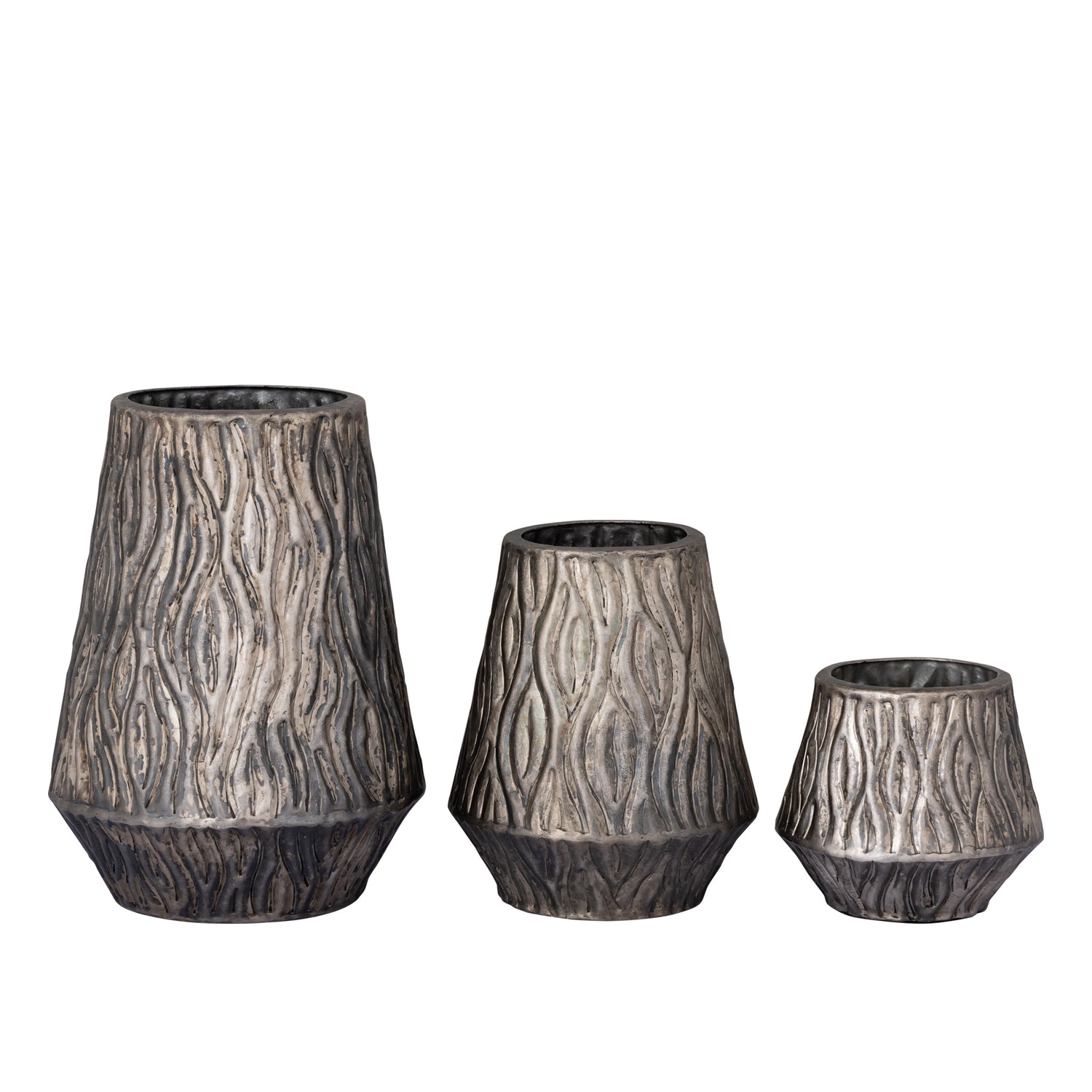 Deandra Zilveren Aluminium Pot met Golfpatroon Rond Laag Set van 2 28.5x24.5x24.5 cm