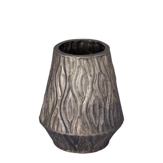 Deandra Zilveren Aluminium Pot met Golfpatroon Rond Laag Set van 2 - 2 Sets 28.5x24.5x24.5 cm