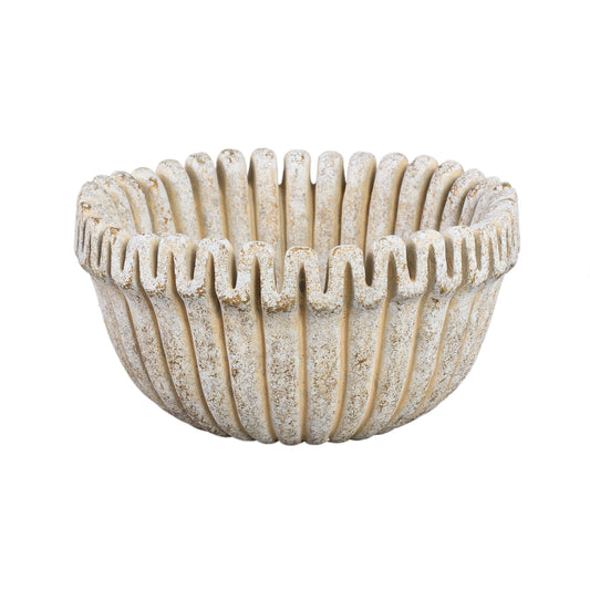 Raffay Cream Cement Round Pot Ribbed Lines Low L