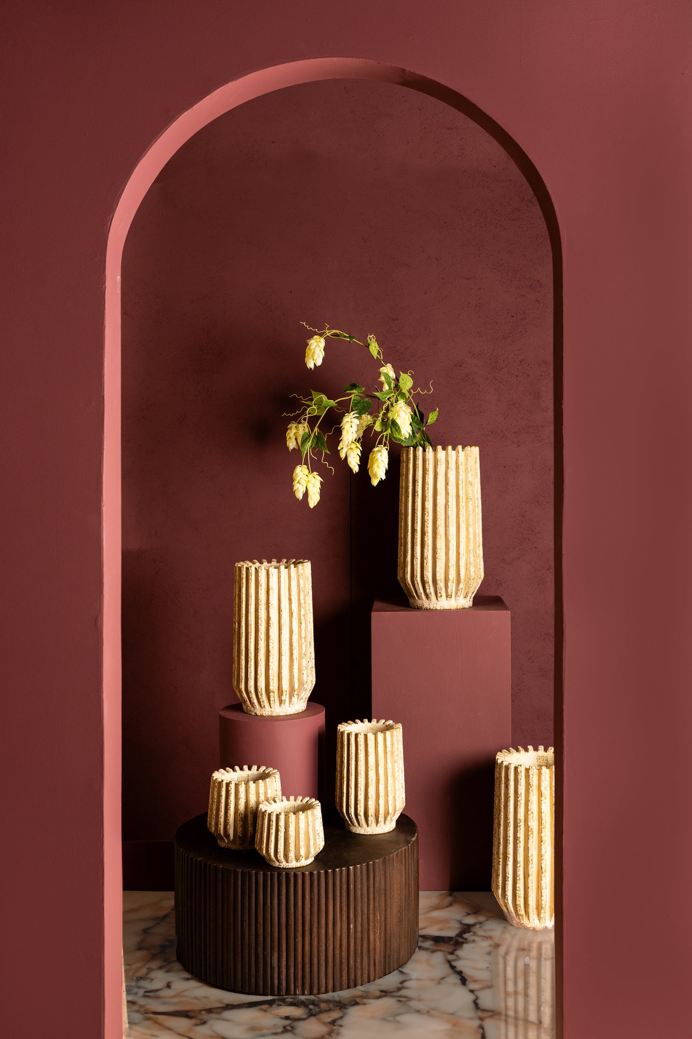 Zariya Cream Cement Round Pot Ribbed Lines High S