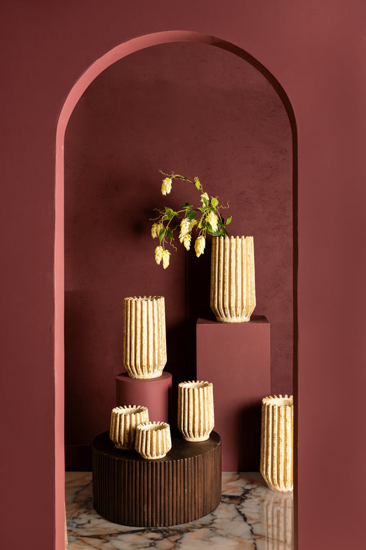 Zariya Cream Cement Round Pot Ribbed Lines High M