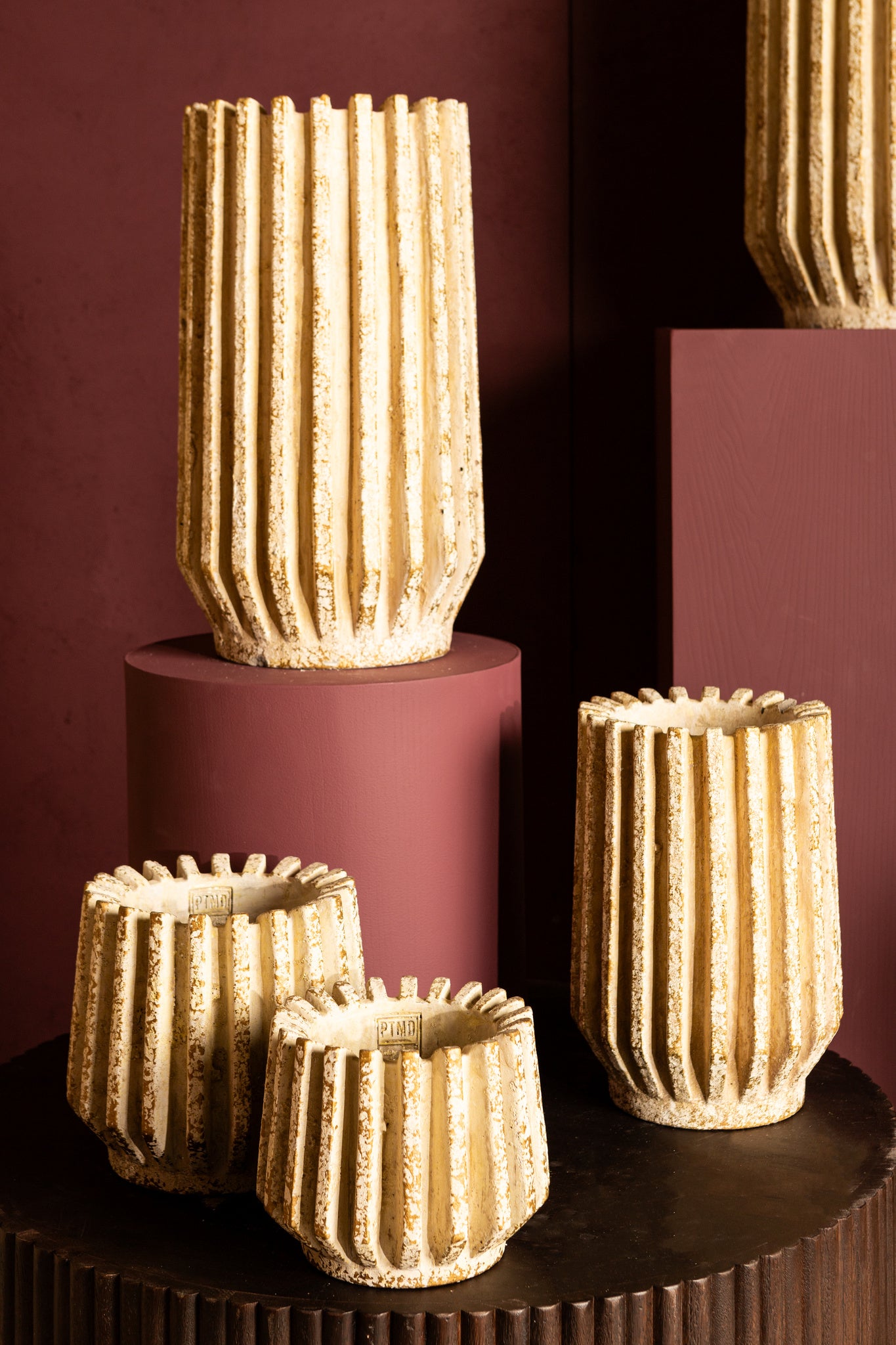 Zariya Cream Cement Round Pot Ribbed Lines High M