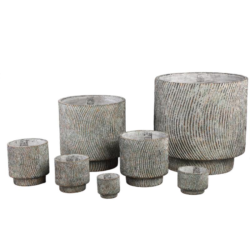 Nigel Grijze Cement Ronde Pot Lijnenpatroon Groot L 40x40x40 cm