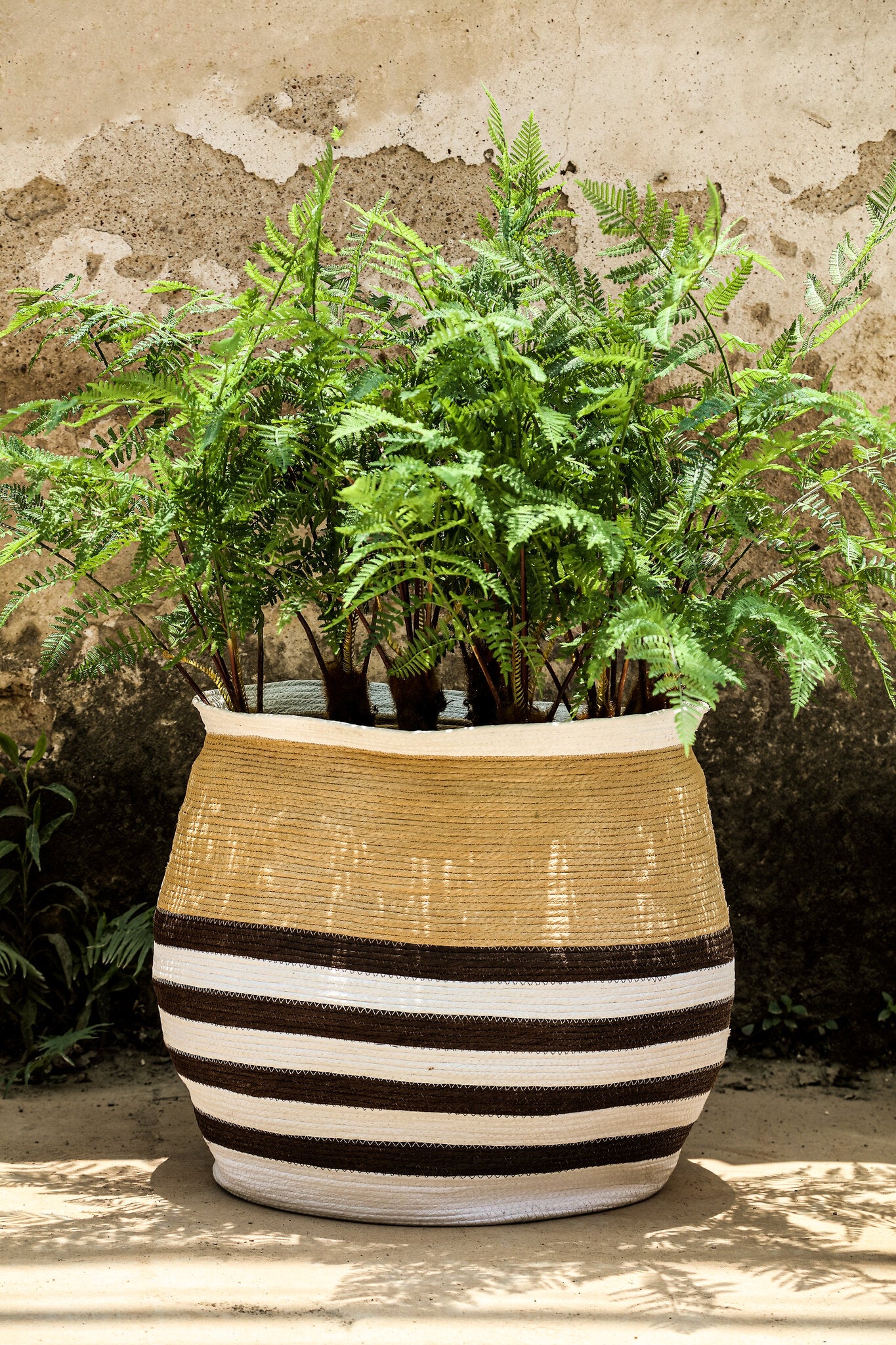 Melano Brown Paper Rope Round Basket W Lines SV3