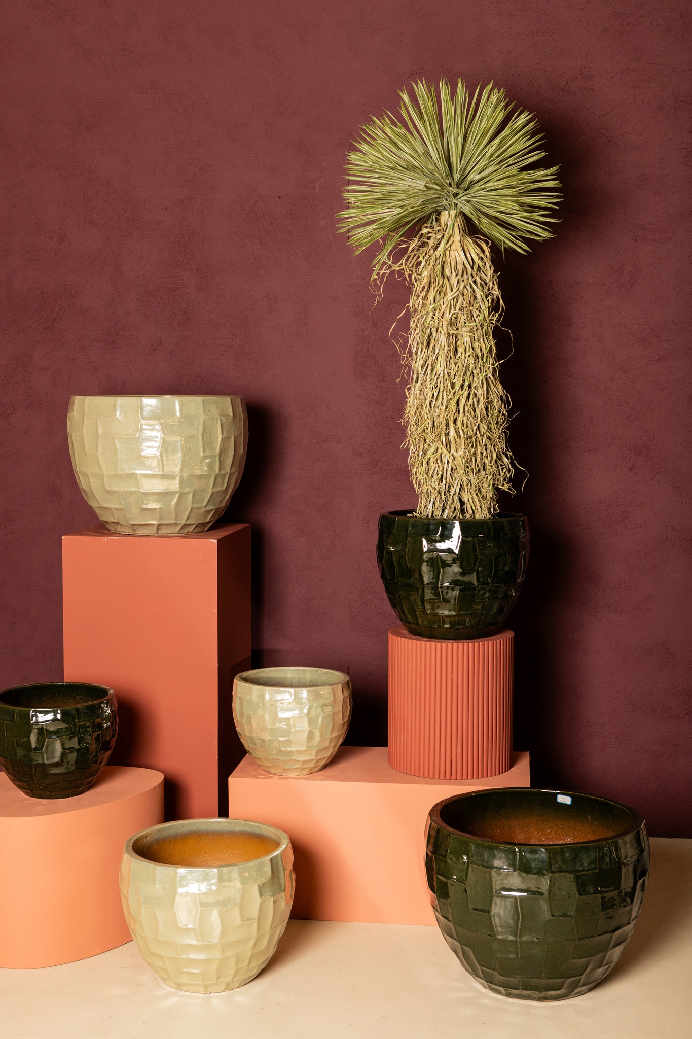 Bobi Green Ceramic Pot Round Square Pattern SV3