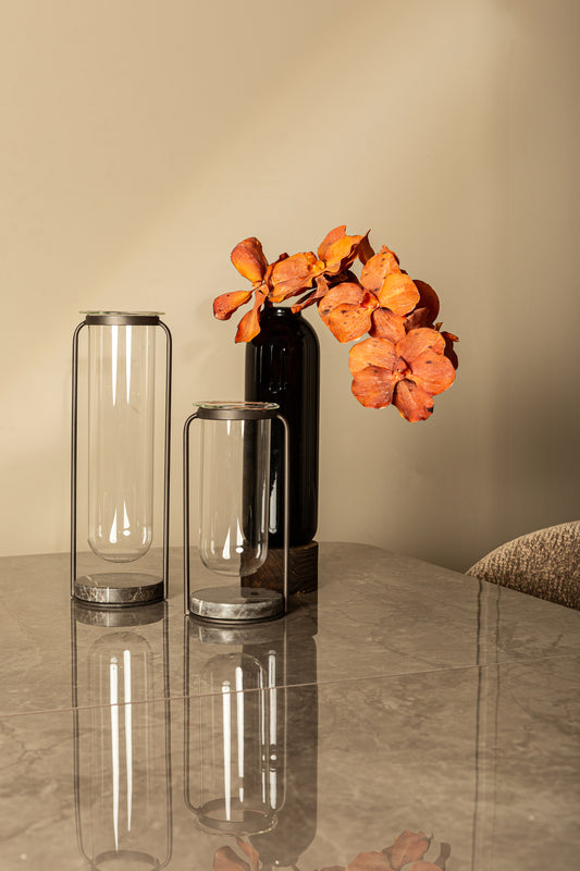 Kirsa Black Round Glass Vase Metal Marble Holder S