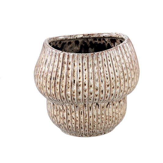 Colby Brown Ceramic Pot Round Shaped With Lines L