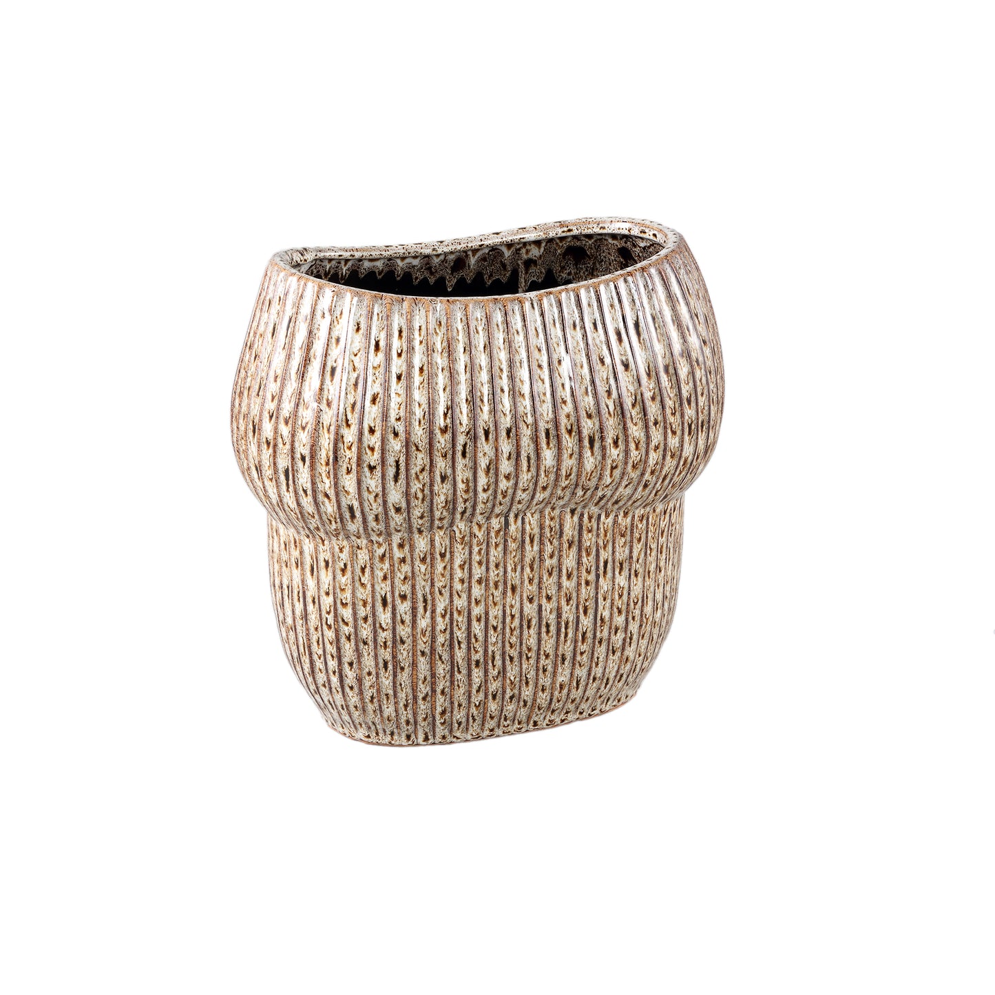 Colby Brown Ceramic Pot Oval Shaped Lines High