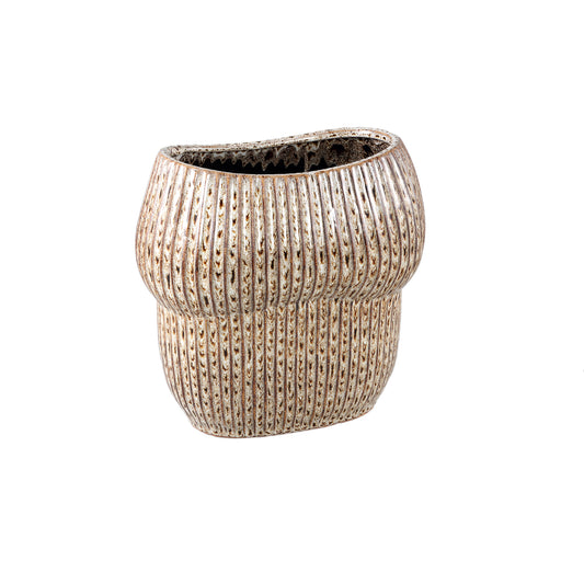 Colby Brown Ceramic Pot Oval Shaped Lines High