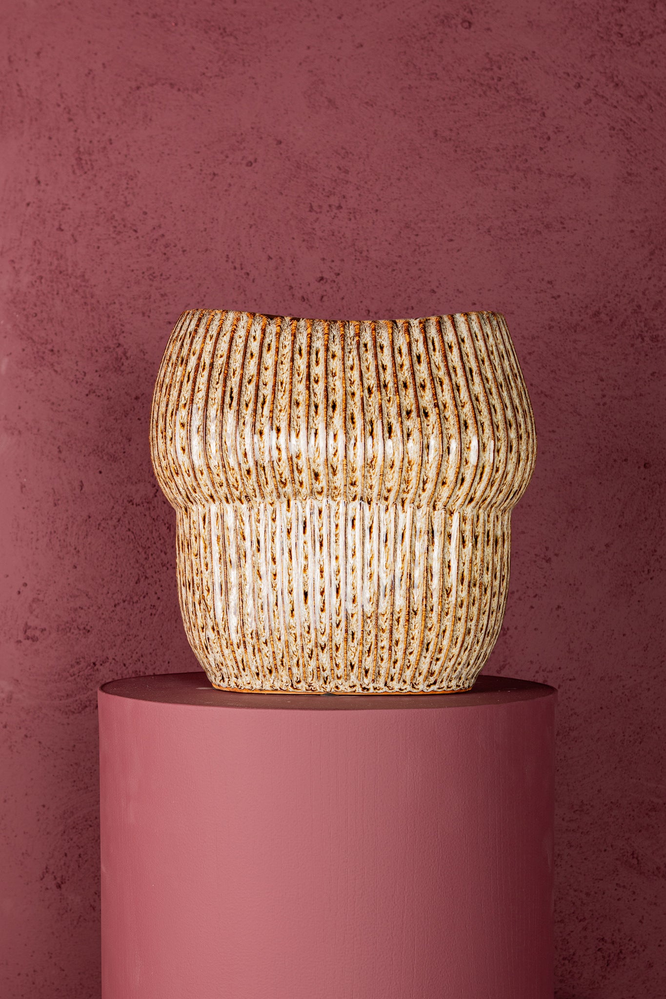 Colby Brown Ceramic Pot Oval Shaped Lines High