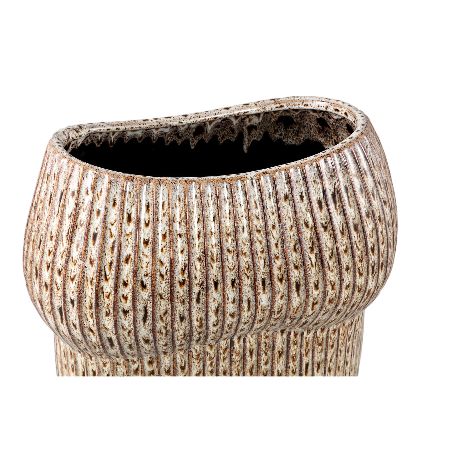 Colby Brown Ceramic Pot Oval Shaped Lines High