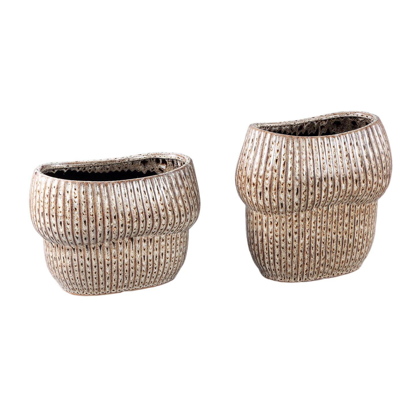 Colby Brown Ceramic Pot Oval Shaped Lines High