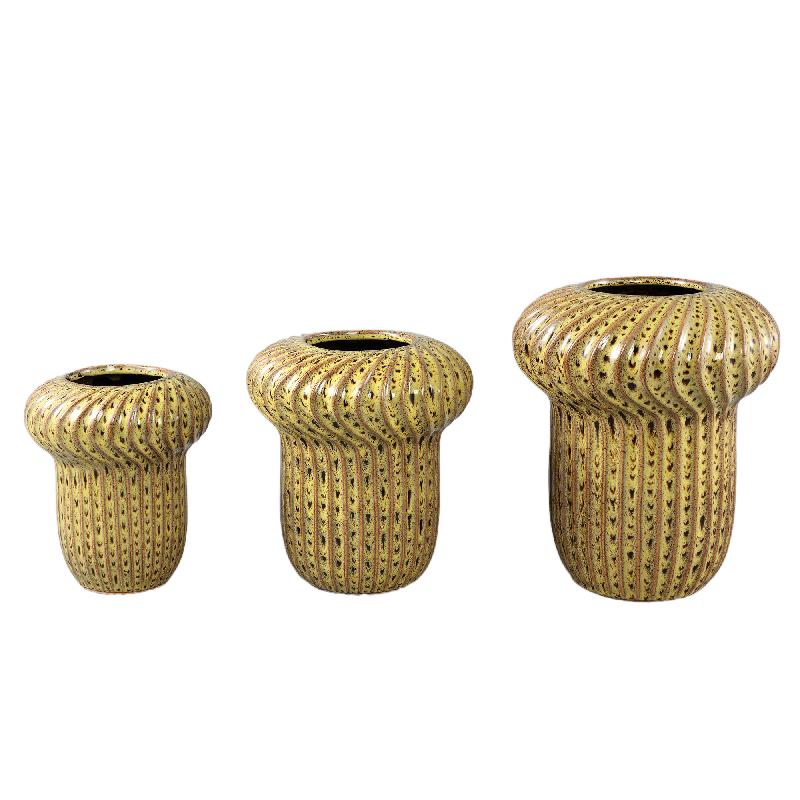 Sindi Gele Keramische Pot Rond Met Lijnen Hoog M - Set Van 4 Stuks 24x22x22 cm