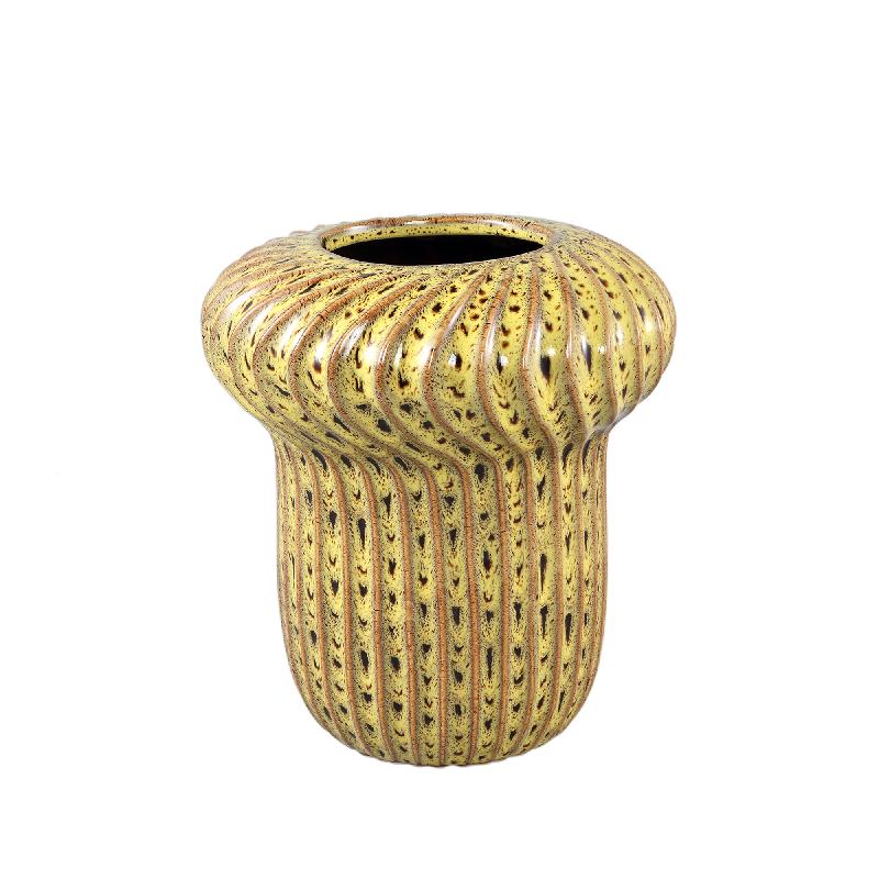 Sindi Gele Keramische Pot Rond Met Lijnen Hoog M - Set Van 4 Stuks 24x22x22 cm