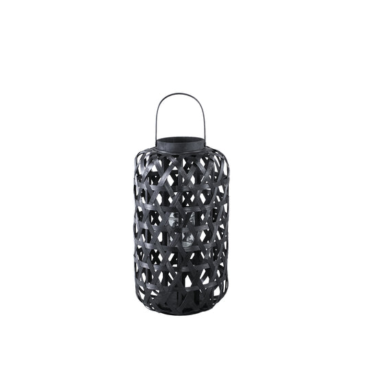 Mayita Zwarte Ronde Bamboe Lantaarn Met Glas - Set Van 2 - 2 Sets 51x28x28 cm