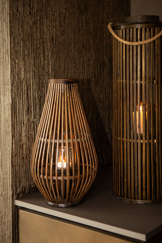 Lysia Bruine Ronde Bamboe Lantaarn Met Glas Set van 2 48x25x25 cm