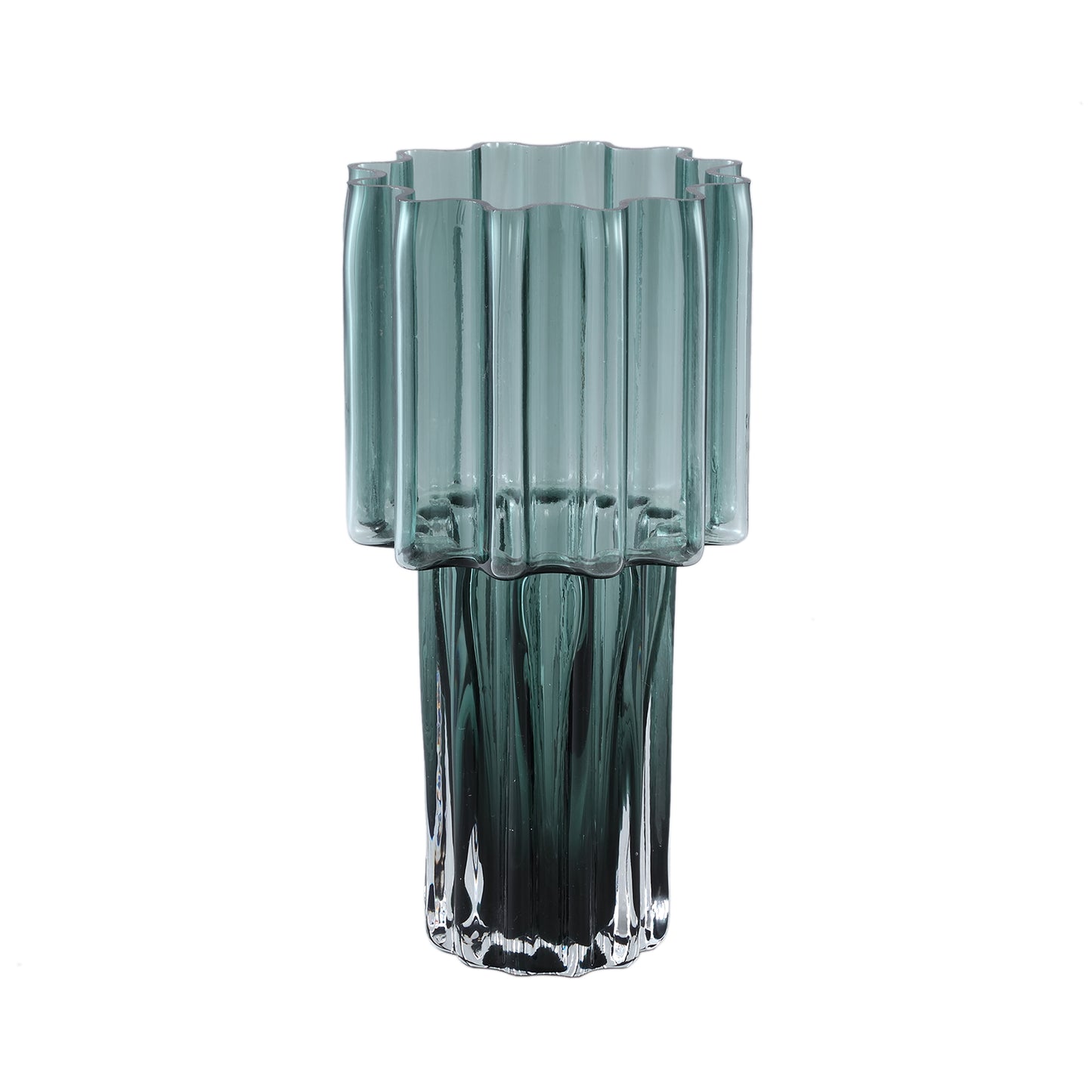 Maayan Green Ribbed Glass Vase Wide Top Round L