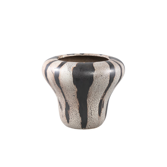 Kayson Brown Ceramic Glazed Pot Stripes Round S