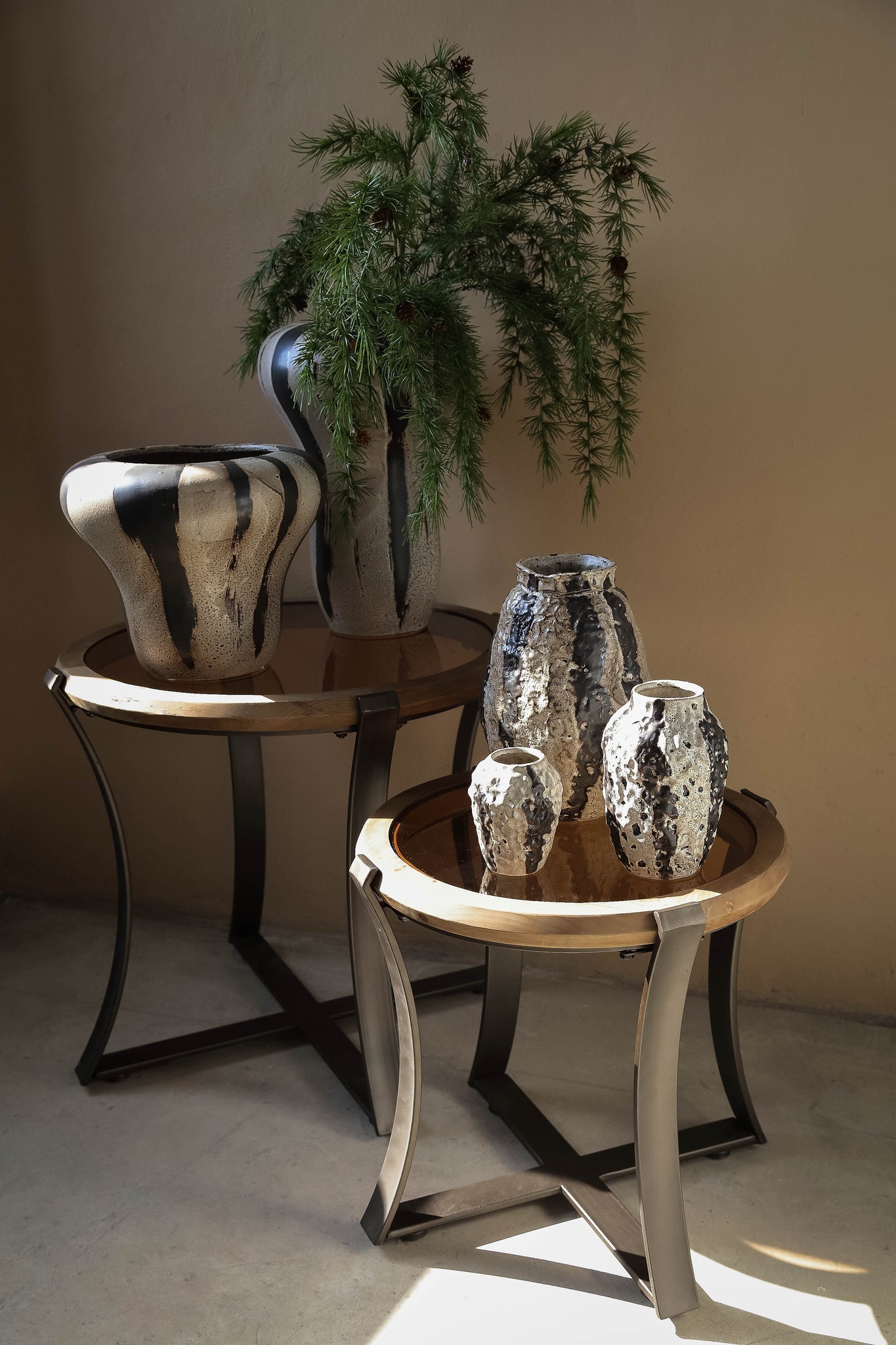 Kayson Brown Ceramic Glazed Pot Stripes Round S