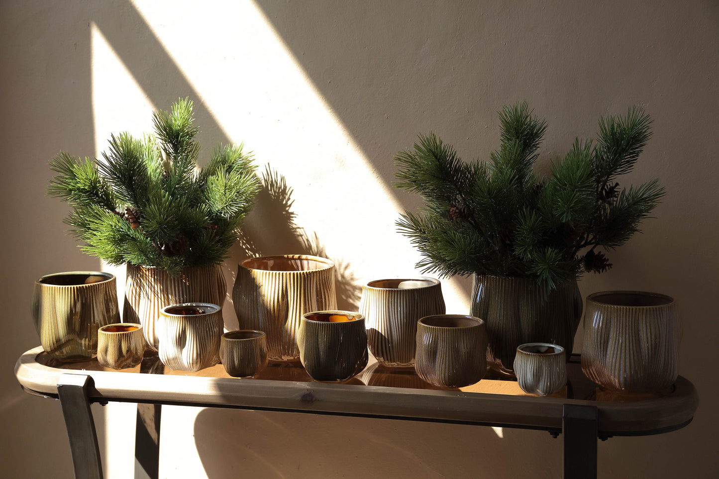Mateen Brown Ceramic Pot Stripes L